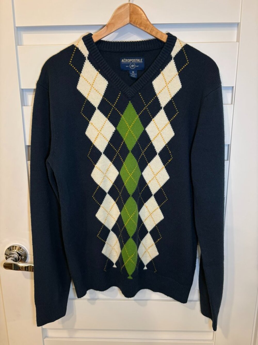Aeropostale Men's Collegiate Argyle V-Neck Sweater Navy Green Preppy Y2K Medium - Picture 4 of 10